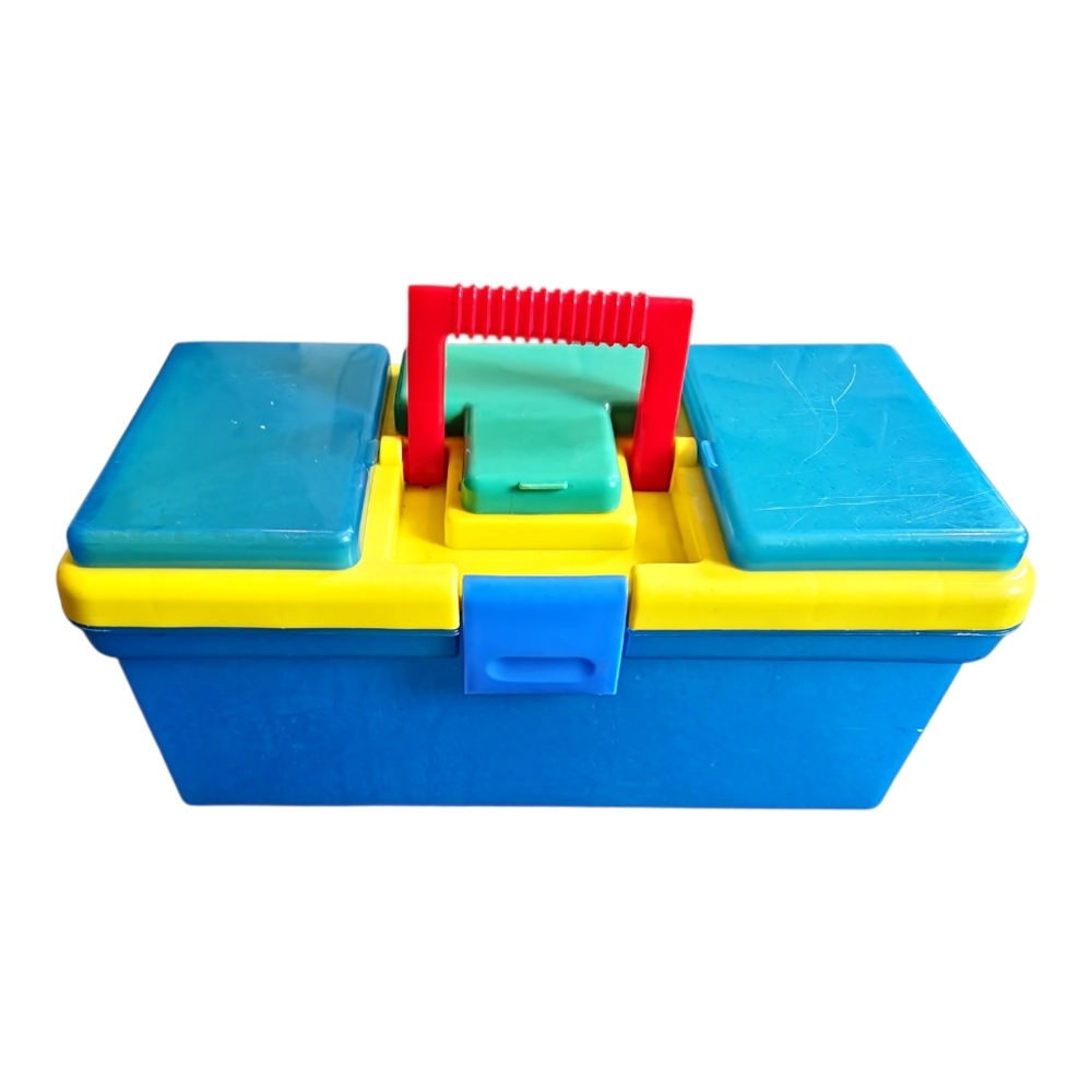 Vintage 80s 90s All Purpose Blue/Yellow Hard Plastic‎ Toy Storage Box Colorful